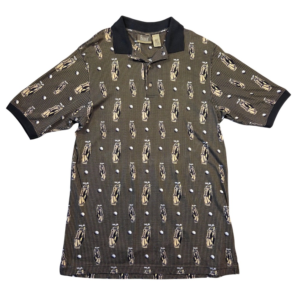 Farah Mens Short Sleeve Golf Bag Print Cotton Polo Shirt Olive Green Small Retro